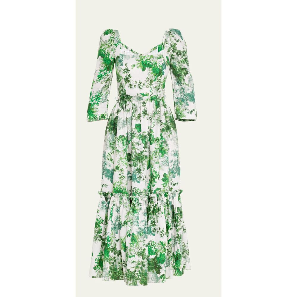 Cara Cara Blue Hill Linen Midi Dress Nordic Fields Olive Print Size 10